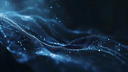Poster - Abstract dark blue background with glowing dots and lines in the form of a wave, a digital technology