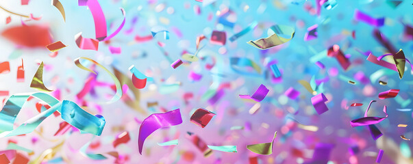 Poster - A colorful confetti pattern falling from the sky, with vibrant ribbons and streamers scattered across an isolated white background