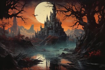 Wall Mural - spooky castle landscape reflection outdoors.