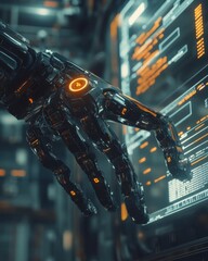 Poster - A robotic arm meticulously operated against a futuristic control panel in a high-tech lab environment during the evening