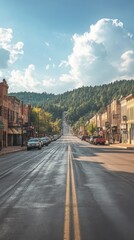 Poster - A quiet morning in the historic town with charming architecture and lush mountains in the background