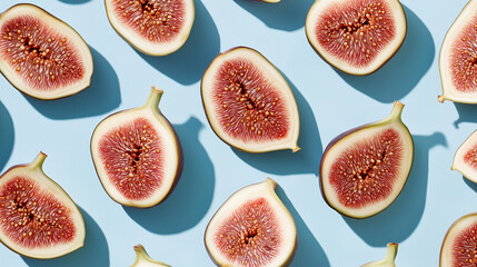 A detailed close-up of multiple fig halves arranged artistically on a solid light-blue background. 