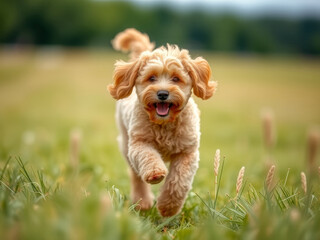 A small dog is running through a field of grass. The dog is happy and energetic, and the grass is lush and green