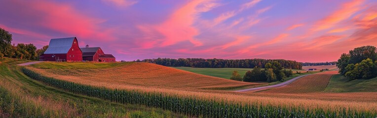 Poster - A breathtaking view of a scenic highway winding through vibrant farmland at sunset with colorful clouds overhead