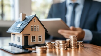 Poster - A house model sits on a desk in front of stacks of coins, with a businessman in the background using a tablet.