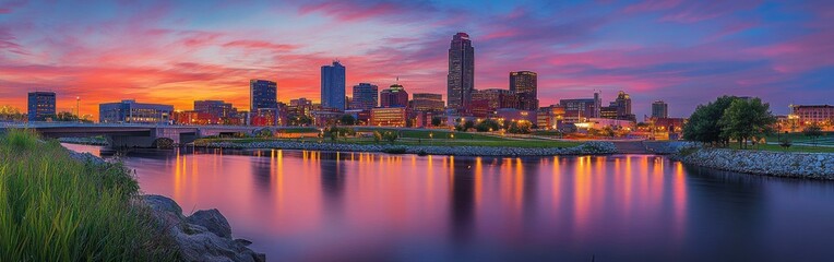 Poster - A stunning sunset casts vibrant colors over the Des Moines skyline reflecting on the river in a picturesque urban landscape