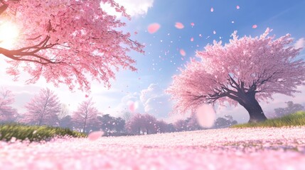 Poster - A serene view of cherry blossom trees in full bloom under a clear blue sky during springtime