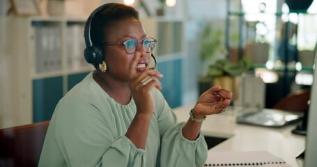 Poster - Call center, communication and black woman agent in office for inbound crm, sales and telemarketing. Customer support, headset and African advisor with multilingual technical service for translation.