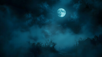 Wall Mural - full moon illuminating a dark, cloudy night sky with dense blue fog. halloween background , nighttim