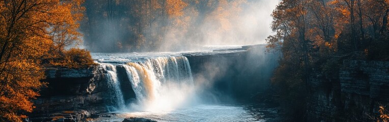 Poster - Little River Canyon cascades amidst vibrant autumn foliage, showcasing nature's beauty in the tranquil setting of Alabama's wilderness