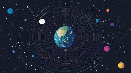 Poster - A detailed illustration of Earth surrounded by planets and stars in a vibrant cosmos