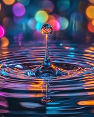 Poster - A vibrant macro shot of a water droplet splashing amid swirling colorful reflections at dusk