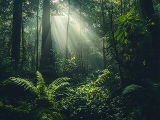 Poster - Sunlight filters through the dense canopy of a lush rainforest, creating a serene atmosphere full of life and vibrant greenery