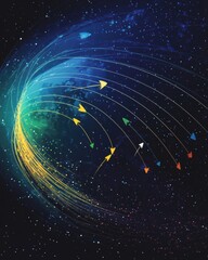 Poster - Dynamic depiction of Earth's motion through space with colorful trajectory lines illustrating gravitational interactions