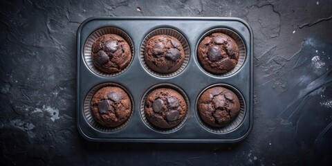 Aufkleber - A tray of freshly baked chocolate muffins, resting on a dark slate surface, ready to be enjoyed.