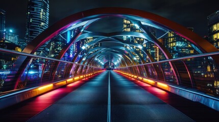 Poster - Futuristic pedestrian bridge illuminated at night with vibrant city skyline backdrop
