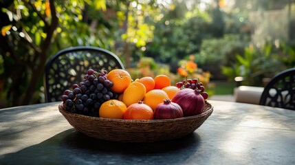 Poster - A vibrant fruit basket centerpiece on an outdoor table surrounded by lush greenery during a sunny afternoon