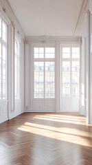 Wall Mural - Spacious and bright haussmann apartment with large windows and herringbone parquet flooring bathed in sunlight