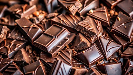 Poster - A close-up view of dark chocolate pieces, showcasing their rich brown hue and intricate textures, a symphony of sweet indulgence