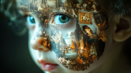 Aufkleber - A captivating double exposure of a child's face revealing intricate art scenes and portraits during a creative photography session