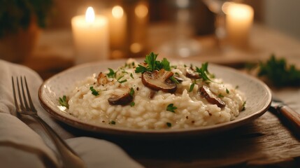Poster - A cozy dining table set for a romantic evening featuring a delicious mushroom risotto with fresh herbs and candlelight ambiance