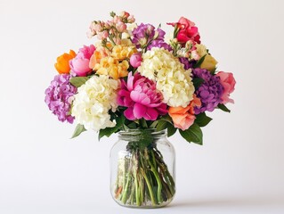 Poster - A vibrant spring bouquet of hydrangeas and assorted flowers in a glass vase showcasing the beauty of the season