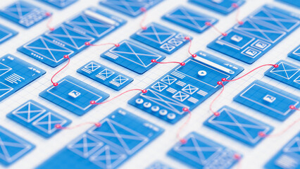 Aufkleber - UX UI flowchart connection node graphic designer creative planning application process development data prototype wireframe for web mobile icon phone . User experience concept. 3d rendering.