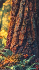Poster - Close-up of the textured bark of a giant tree illuminated by soft sunlight in an enchanting forest