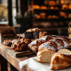 Poster - Close-up of an assortment of fresh bread and pastries on display in a charming bakery filled with warmth and inviting aromas