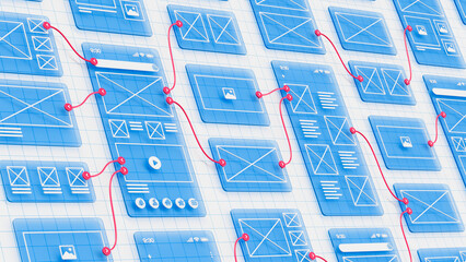 Aufkleber - UX UI flowchart connection node graphic designer creative planning application process development data prototype wireframe for web mobile icon phone . User experience concept. 3d rendering.