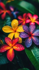 Poster - A vibrant close-up of tropical flowers with dew drops showcasing bright colors in a lush garden setting