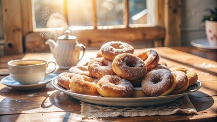 Poster - A plate of freshly baked donuts with powdered sugar dusted over them, a cup of coffee, and a teapot on a wooden table with sunlight streaming in through a window