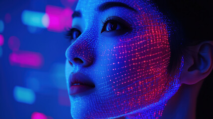 Poster - Dynamic woman face illuminated by vibrant digital patterns
