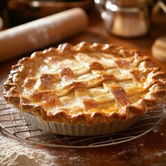 Aufkleber - A golden brown pie cooling on a wire rack in a cozy kitchen after baking, surrounded by baking tools and flour