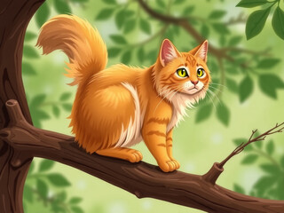 Wall Mural - A cat is sitting on a tree branch. The cat is orange and has a long tail. The cat is looking at the camera