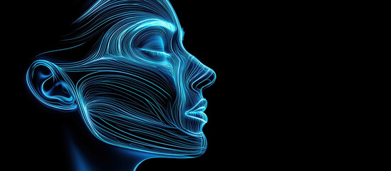 Poster - Futuristic woman face illuminated by glowing blue lines, showcasing beauty