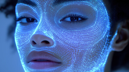 Poster - Futuristic woman face illuminated by glowing lines, showcasing technology