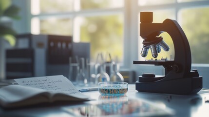 Poster - A close-up view of DNA strands in a petri dish under a microscope in a laboratory setting during daylight hours