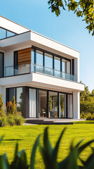 Poster - Modern, minimalist white house with large windows is bathed in sunlight on a clear summer day