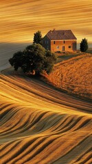 Poster - A tranquil farmhouse nestled in golden fields under a warm sunset glow, embodying the essence of rural life and nature's beauty