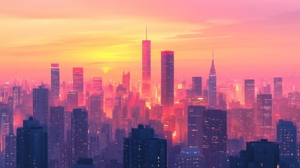 Aufkleber - A vibrant city skyline at dusk showcasing tall skyscrapers illuminated by sunset hues
