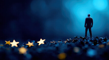 Poster - A solitary figure stands against a moody blue background, surrounded by glowing stars, evoking a sense of wonder and introspection.