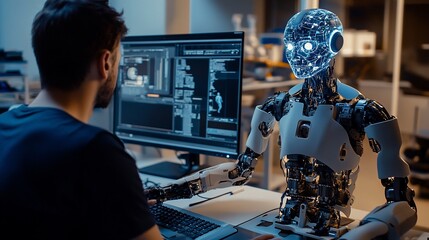 Poster - A man in a lab setting works at a computer next to a humanoid robot with a glowing blue head.