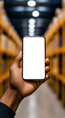 Aufkleber - a hand holds a smartphone displaying a blank screen, set against a backdrop of a warehouse filled wi