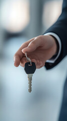 Poster - Businessman holds keys, hinting at a potential real estate deal or new office location