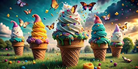 Poster - A symphony of colors and textures, a whimsical gathering of ice cream cones adorned with sprinkles and candy, surrounded by a flurry of butterflies and confetti in a vibrant summer meadow.