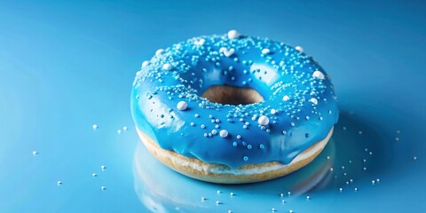 Poster - A single blue glazed donut covered in white sprinkles sits on a bright blue background. The donut is in focus and the background is slightly blurred.