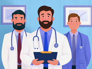 Aufkleber - Three male doctors in white coats and professional attire pose together, smiling confidently in a bright, modern medical setting.