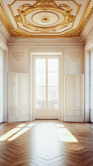 Poster - Empty room with ornate ceiling and parquet floor bathed in sunlight from tall window