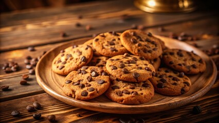 Aufkleber - A stack of freshly baked chocolate chip cookies on a wooden plate, surrounded by coffee beans, creating a warm and inviting image.
